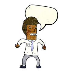 cartoon nervous businessman with speech bubble