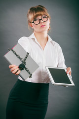 Woman with document and tablet. Digital storage.