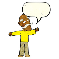 cartoon old man spreading arms wide with speech bubble
