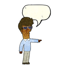 cartoon man in glasses pointing with speech bubble