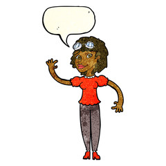 cartoon pilot woman waving with speech bubble
