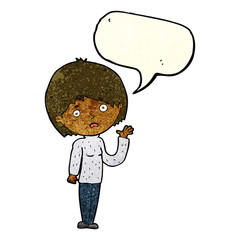 cartoon worried woman with speech bubble