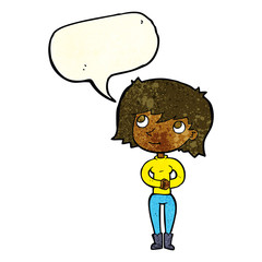 cartoon friendly woman with speech bubble