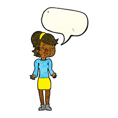 cartoon woman shrugging shoulders with speech bubble