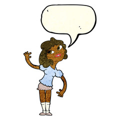 cartoon woman waving with speech bubble