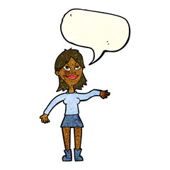 cartoon woman making hand gesture with speech bubble