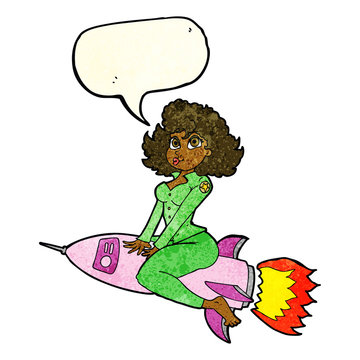 cartoon army pin up girl riding missile with speech bubble