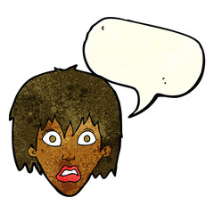 cartoon frightened woman with speech bubble
