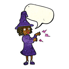 cartoon witch casting spell with speech bubble