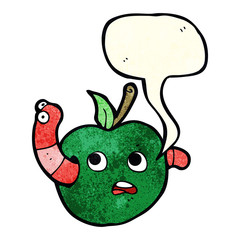 cartoon worm in apple with speech bubble
