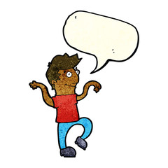 cartoon happy man doing funny dance with speech bubble