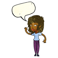 cartoon pretty woman waving with speech bubble