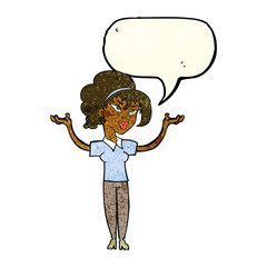 cartoon woman raising hands in air with speech bubble