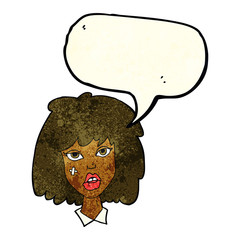 cartoon woman with bruised face with speech bubble