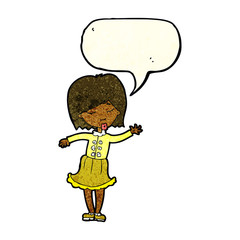 cartoon waving woman with speech bubble