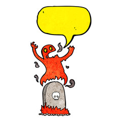 cartoon ghost rising from grave with speech bubble