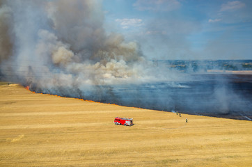 Fireman truck working on the field on fire © Stockr