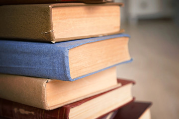 Heap of old books close up