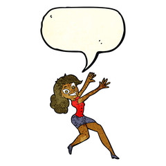 cartoon happy woman jumping with speech bubble
