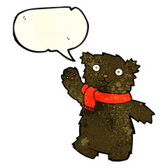 cartoon teddy bear wearing scarf with speech bubble