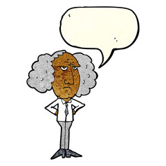 cartoon big hair lecturer man with speech bubble