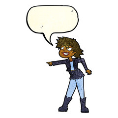 cartoon woman pointing with speech bubble
