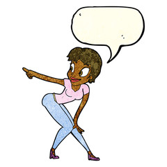 cartoon pretty woman pointing with speech bubble