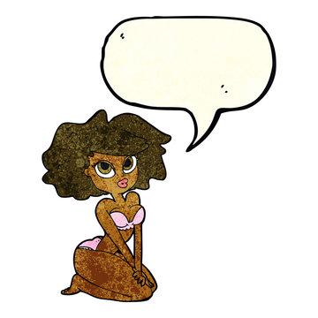 cartoon woman wearing bikini with speech bubble