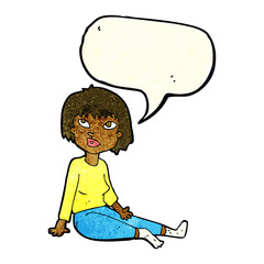 cartoon woman sitting on floor with speech bubble