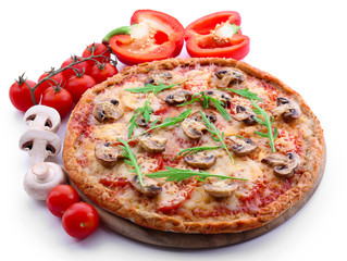 Tasty pizza with vegetables and arugula isolated on white