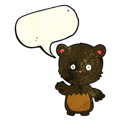 cartoon little black bear waving with speech bubble