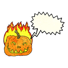 cartoon burning pumpkin with speech bubble