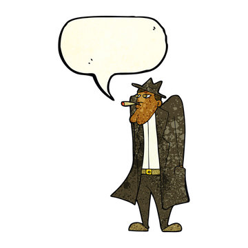 recommend clip art: cartoon man in hat and trench coat with speech bubble
