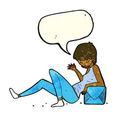 cartoon woman leaning on package box with speech bubble