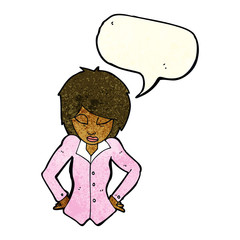 cartoon woman with hands on hips with speech bubble
