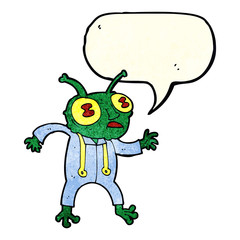 cartoon alien spaceman with speech bubble