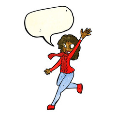 cartoon woman waving dressed for winter with speech bubble