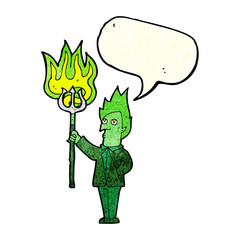 cartoon devil with pitchfork with speech bubble