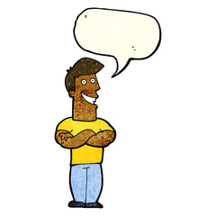 cartoon grinning man with speech bubble