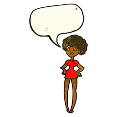 cartoon happy woman with hands on hips with speech bubble