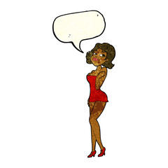 cartoon attractive woman in short dress with speech bubble
