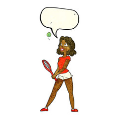cartoon woman playing tennis with speech bubble