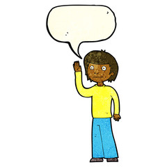 cartoon friendly boy waving with speech bubble