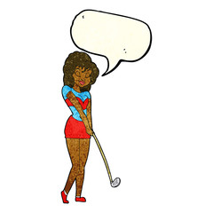 cartoon woman playing golf with speech bubble
