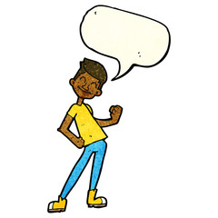 cartoon celebrating man with speech bubble