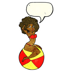 cartoon pin up girl sitting on ball with speech bubble