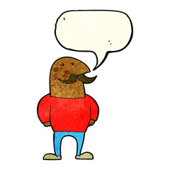 cartoon bald man with mustache with speech bubble