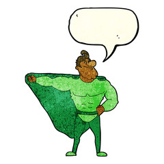funny cartoon superhero with speech bubble