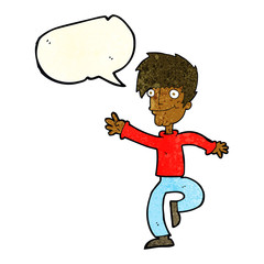 cartoon happy man dancing with speech bubble