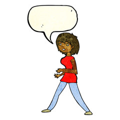 cartoon woman walking with speech bubble